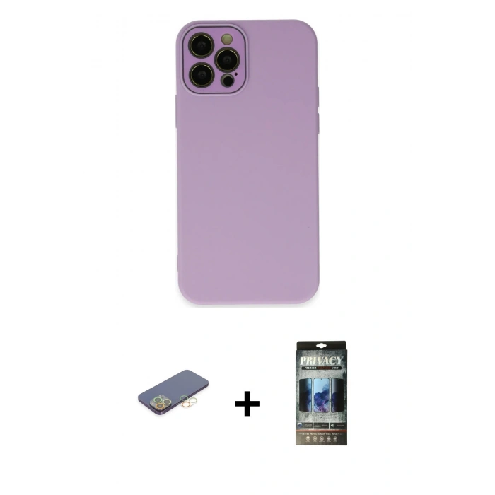 MARSİLYAN™- iPhone 12 Pro Kılıf Çekirdek Modern Serisi - Siyah 34D Hayalet Izgaralı Cam + Renkli Kamera Lens Koruma Cam - SI