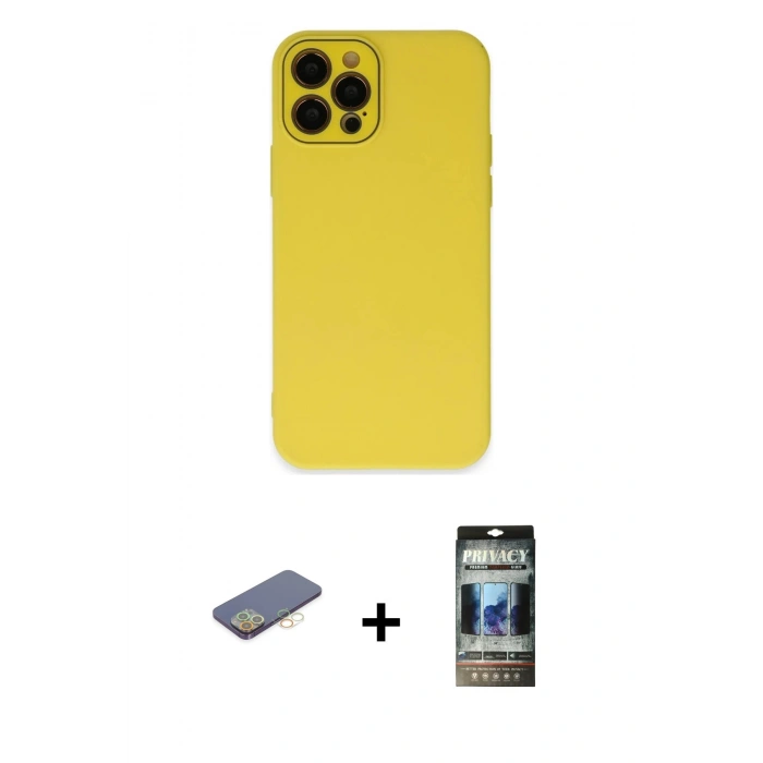 MARSİLYAN™- iPhone 12 Pro Kılıf Çekirdek Modern Serisi - Siyah 34D Hayalet Izgaralı Cam + Renkli Kamera Lens Koruma Cam - SI