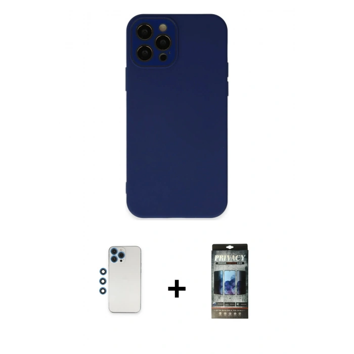 MARSİLYAN™- iPhone 12 Pro Kılıf Çekirdek Modern Serisi - Siyah 34D Hayalet Izgaralı Cam + Shine Kamera Lens - MI
