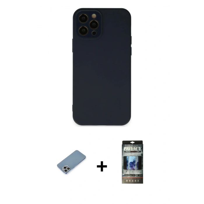 MARSİLYAN™- iPhone 12 Pro Kılıf Çekirdek Modern Serisi - Siyah 34D Hayalet Izgaralı Cam + Shine Kamera Lens Koruma Cam - GI