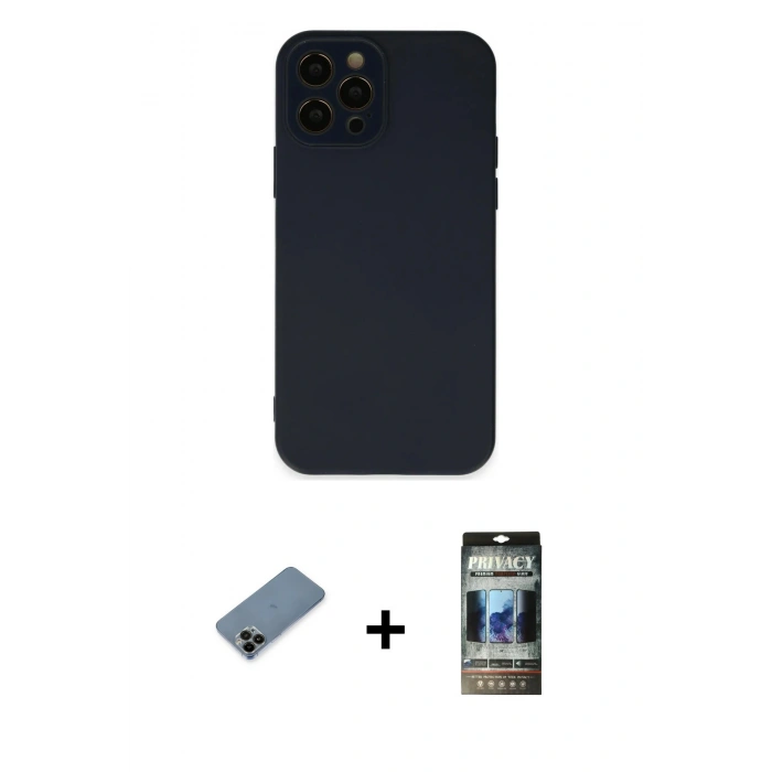 MARSİLYAN™- iPhone 12 Pro Kılıf Çekirdek Modern Serisi - Siyah 34D Hayalet Izgaralı Cam + Shine Kamera Lens Koruma Cam - SH