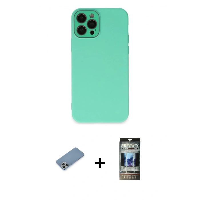 MARSİLYAN™- iPhone 12 Pro Kılıf Çekirdek Modern Serisi - Siyah 34D Hayalet Izgaralı Cam + Shine Kamera Lens Koruma Cam - GS
