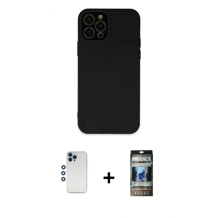 MARSİLYAN™- iPhone 12 Pro Kılıf Çekirdek Modern Serisi - Siyah 34D Hayalet Izgaralı Cam + Shine Kamera Lens - MI