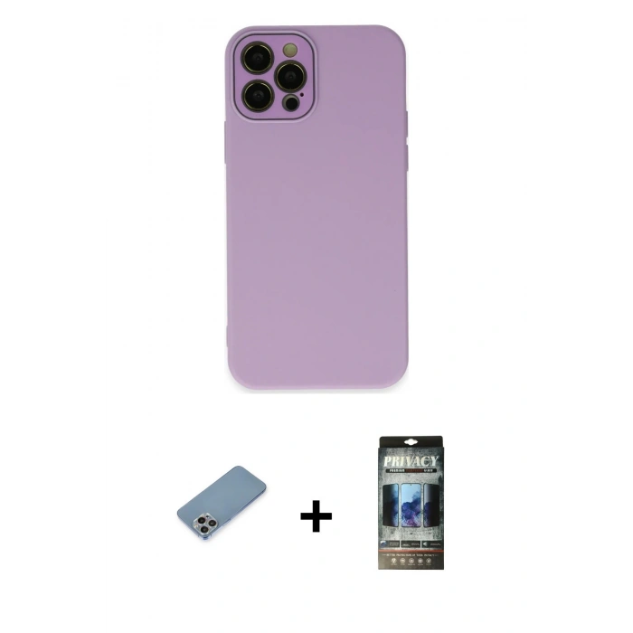 MARSİLYAN™- iPhone 12 Pro Kılıf Çekirdek Modern Serisi - Siyah 34D Hayalet Izgaralı Cam + Shine Kamera Lens Koruma Cam - GI