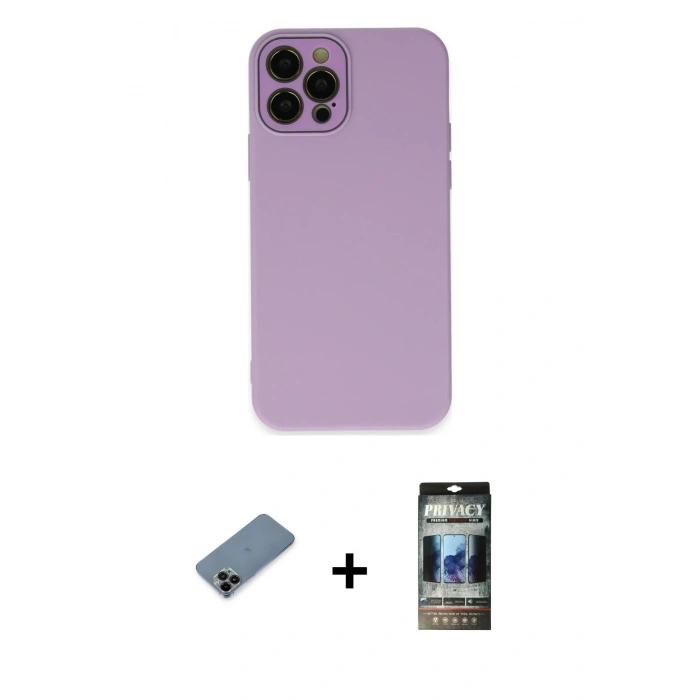 MARSİLYAN™- iPhone 12 Pro Kılıf Çekirdek Modern Serisi - Siyah 34D Hayalet Izgaralı Cam + Shine Kamera Lens Koruma Cam - SH