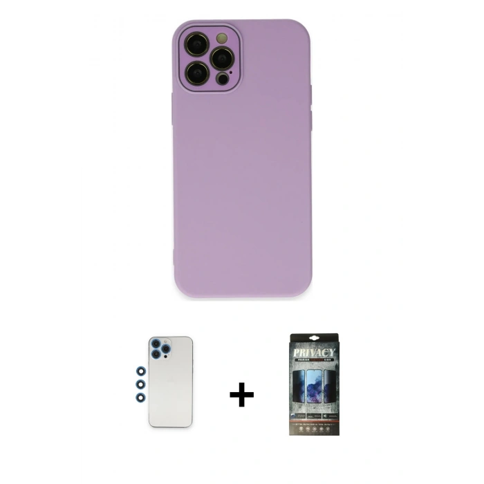 MARSİLYAN™- iPhone 12 Pro Kılıf Çekirdek Modern Serisi - Siyah 34D Hayalet Izgaralı Cam + Shine Kamera Lens - MI