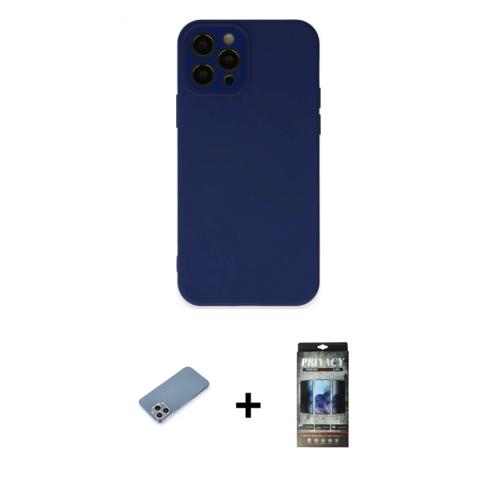 MARSİLYAN™- iPhone 12 Pro Kılıf Çekirdek Modern Serisi - Siyah 34D Hayalet Izgaralı Cam + Shine Kamera Lens Koruma Cam - GS