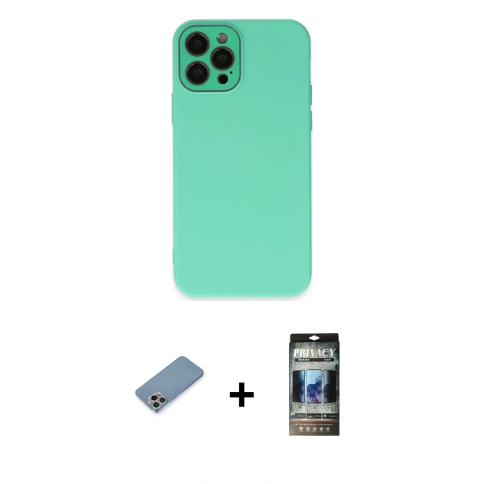 MARSİLYAN™- iPhone 12 Pro Kılıf Çekirdek Modern Serisi - Siyah 34D Hayalet Izgaralı Cam + Shine Kamera Lens Koruma Cam - GI