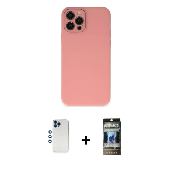 MARSİLYAN™- iPhone 12 Pro Kılıf Çekirdek Modern Serisi - Siyah 34D Hayalet Izgaralı Cam + Shine Kamera Lens - MI
