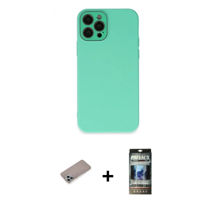 MARSİLYAN™- iPhone 12 Pro Kılıf Çekirdek Modern Serisi - Siyah 34D Hayalet Izgaralı Cam + Shine Kamera Lens Koruma Cam - SABE