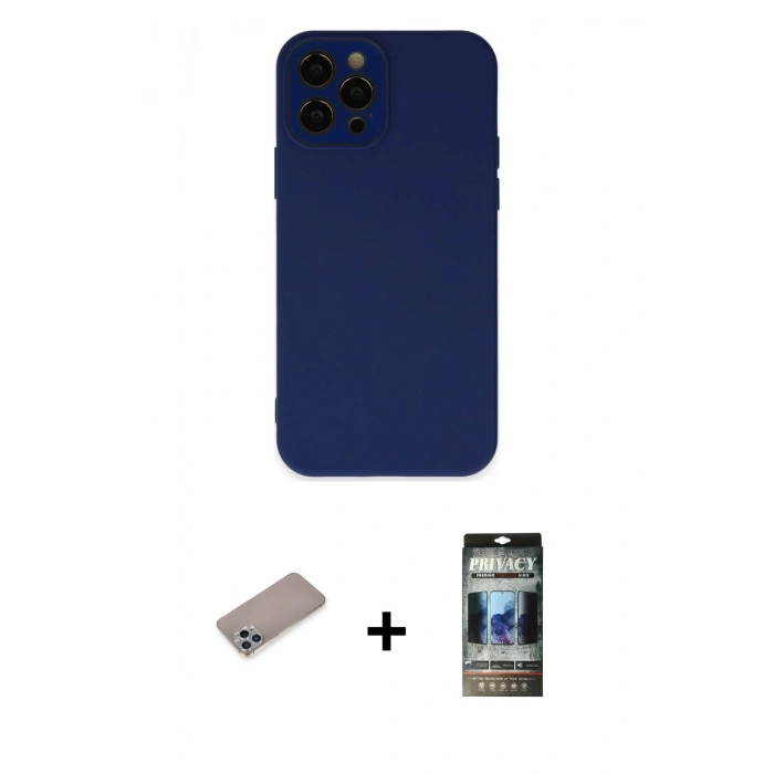 MARSİLYAN™- iPhone 12 Pro Kılıf Çekirdek Modern Serisi - Siyah 34D Hayalet Izgaralı Cam + Shine Kamera Lens Koruma Cam - SABE