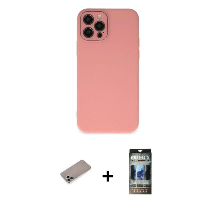 MARSİLYAN™- iPhone 12 Pro Kılıf Çekirdek Modern Serisi - Siyah 34D Hayalet Izgaralı Cam + Shine Kamera Lens Koruma Cam - SABE