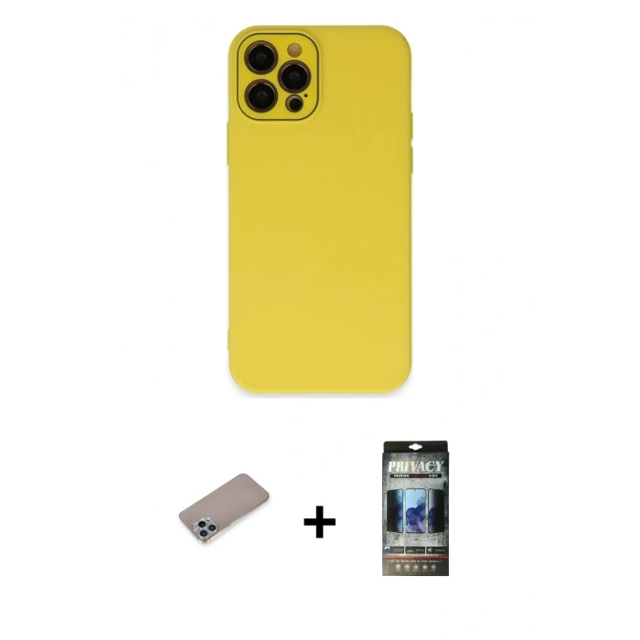 MARSİLYAN™- iPhone 12 Pro Kılıf Çekirdek Modern Serisi - Siyah 34D Hayalet Izgaralı Cam + Shine Kamera Lens Koruma Cam - SABE
