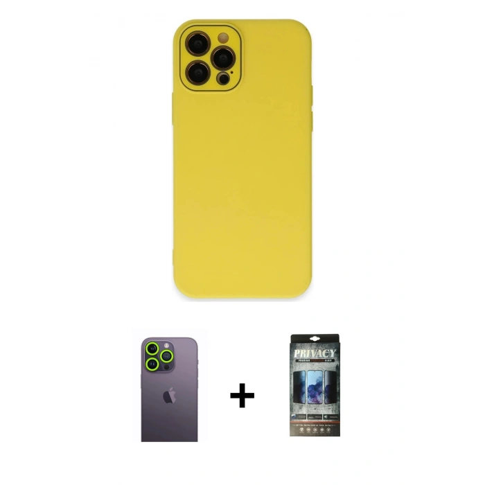 MARSİLYAN™- iPhone 12 Pro Kılıf Çekirdek Modern Serisi - Siyah 34D Hayalet Izgaralı Cam + Neon Fosforlu Kamera Lens - YL