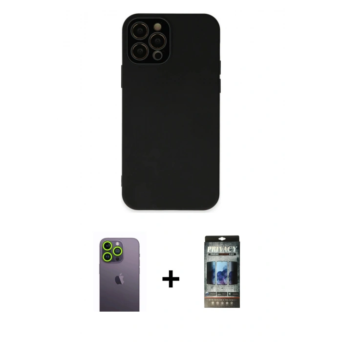 MARSİLYAN™- iPhone 12 Pro Kılıf Çekirdek Modern Serisi - Siyah 34D Hayalet Izgaralı Cam + Neon Fosforlu Kamera Lens - YL