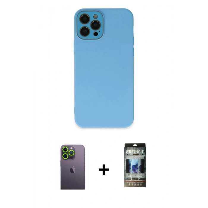 MARSİLYAN™- iPhone 12 Pro Kılıf Çekirdek Modern Serisi - Siyah 34D Hayalet Izgaralı Cam + Neon Fosforlu Kamera Lens - YL