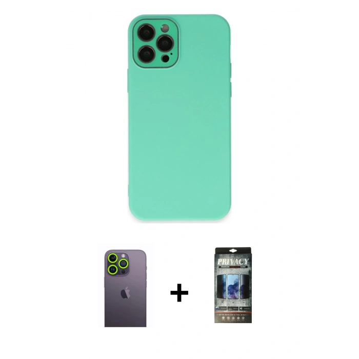 MARSİLYAN™- iPhone 12 Pro Kılıf Çekirdek Modern Serisi - Siyah 34D Hayalet Izgaralı Cam + Neon Fosforlu Kamera Lens - YL