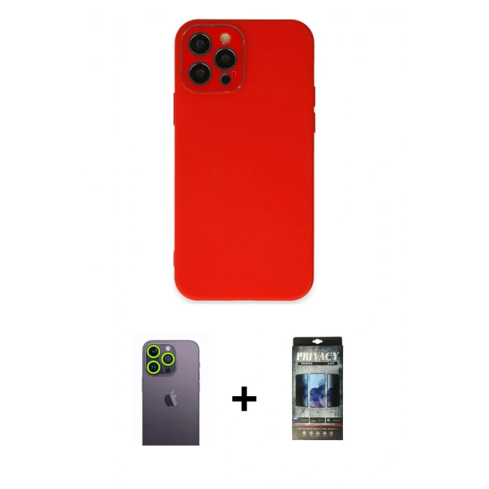 MARSİLYAN™- iPhone 12 Pro Kılıf Çekirdek Modern Serisi - Siyah 34D Hayalet Izgaralı Cam + Neon Fosforlu Kamera Lens - YL