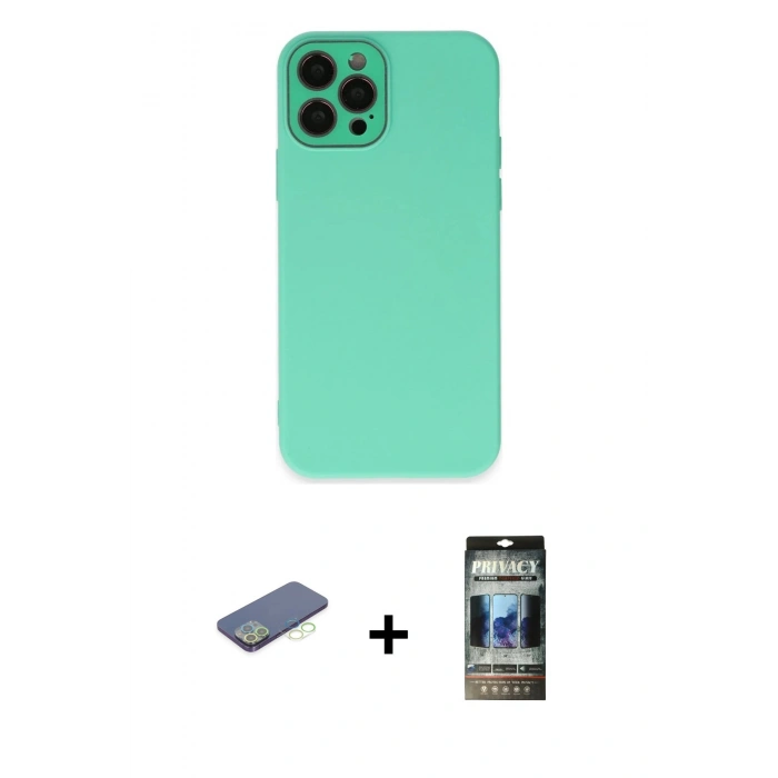 MARSİLYAN™- iPhone 12 Pro Kılıf Çekirdek Modern Serisi - Siyah 34D Hayalet Izgaralı Cam + Renkli Kamera Lens Koruma Cam - YL