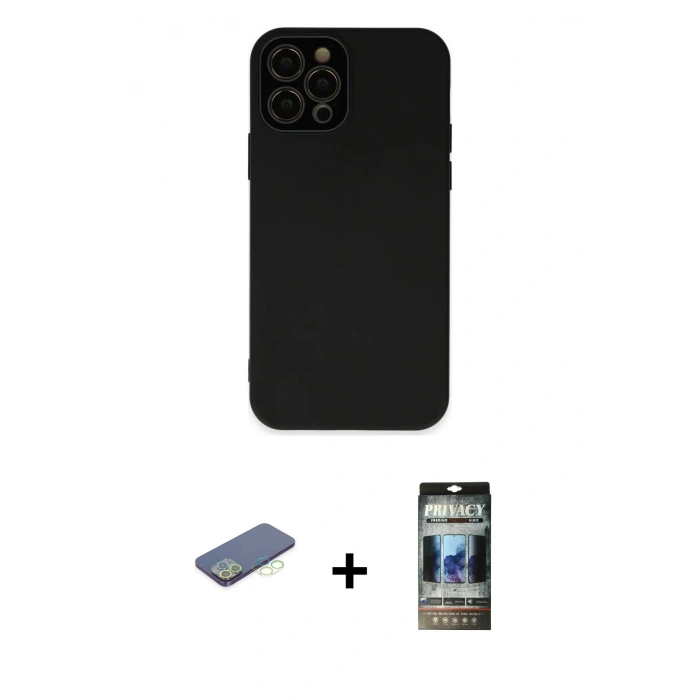 MARSİLYAN™- iPhone 12 Pro Kılıf Çekirdek Modern Serisi - Siyah 34D Hayalet Izgaralı Cam + Renkli Kamera Lens Koruma Cam - YL