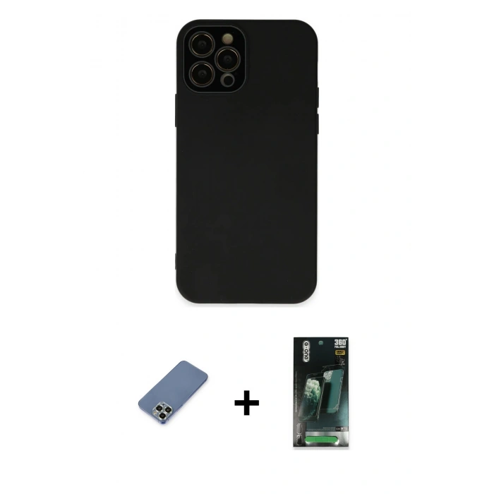 MARSİLYAN™- iPhone 12 Pro Kılıf Çekirdek Modern Serisi - Siyah 360 Mat Full Body Arka Koruyucu + Metal Kamera Lens Koruma Cam - AKYL