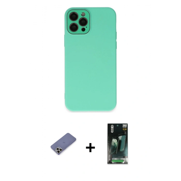 MARSİLYAN™- iPhone 12 Pro Kılıf Çekirdek Modern Serisi - Siyah 360 Mat Full Body Arka Koruyucu + Metal Kamera Lens Koruma Cam - GD