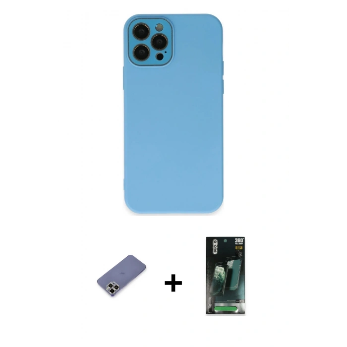 MARSİLYAN™- iPhone 12 Pro Kılıf Çekirdek Modern Serisi - Siyah 360 Mat Full Body Arka Koruyucu + Metal Kamera Lens Koruma Cam - GD
