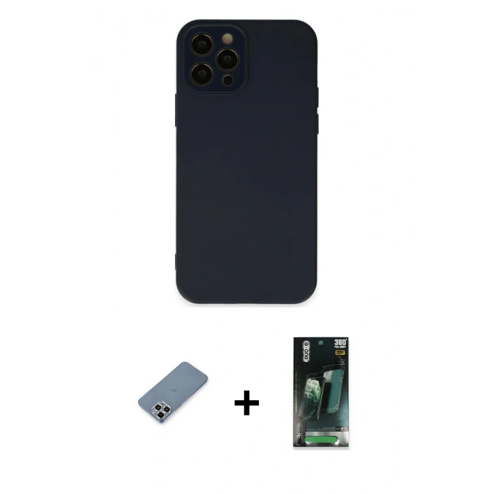 MARSİLYAN™- iPhone 12 Pro Kılıf Çekirdek Modern Serisi - Siyah 360 Mat Full Body Arka Koruyucu + Metal Kamera Lens Koruma Cam - GS
