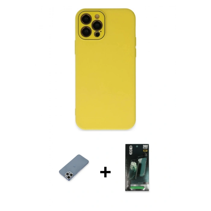 MARSİLYAN™- iPhone 12 Pro Kılıf Çekirdek Modern Serisi - Siyah 360 Mat Full Body Arka Koruyucu + Metal Kamera Lens Koruma Cam - GS