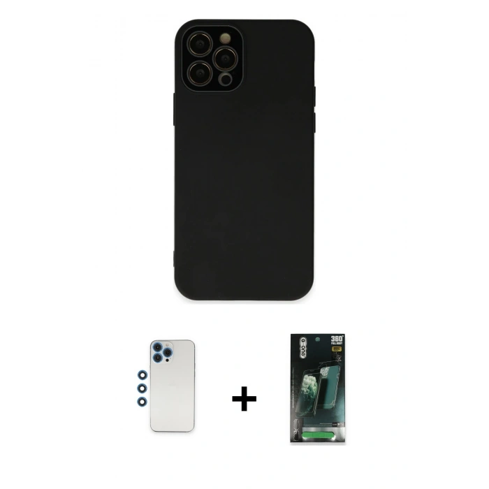 MARSİLYAN™- iPhone 12 Pro Kılıf Çekirdek Modern Serisi - Siyah 360 Mat Full Body Arka Koruyucu + Shine Kamera Lens - MI