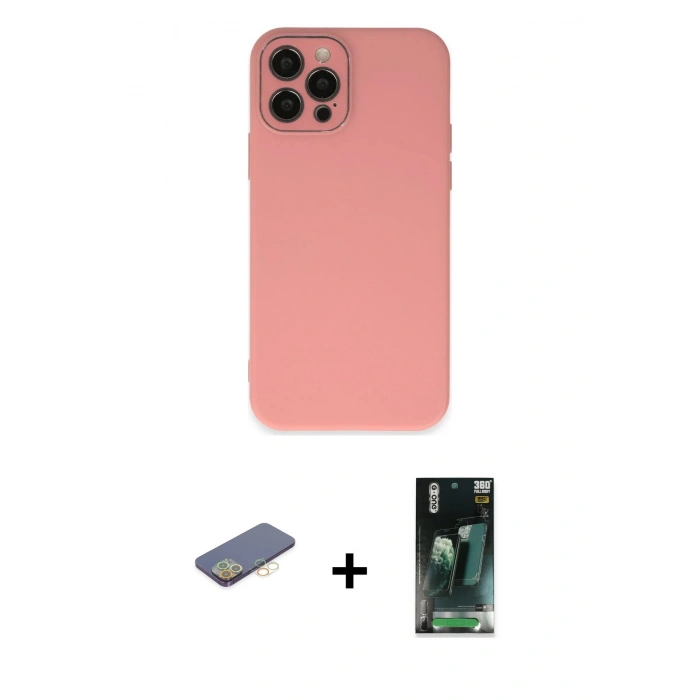 MARSİLYAN™- iPhone 12 Pro Kılıf Çekirdek Modern Serisi - Siyah 360 Mat Full Body Arka Koruyucu + Renkli Kamera Lens Koruma Cam - SI