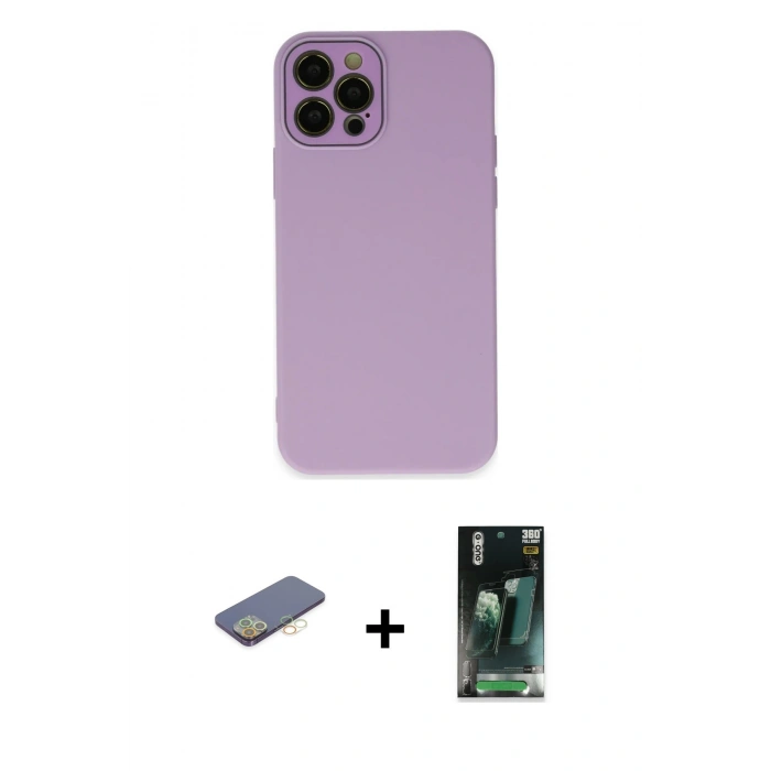 MARSİLYAN™- iPhone 12 Pro Kılıf Çekirdek Modern Serisi - Siyah 360 Mat Full Body Arka Koruyucu + Renkli Kamera Lens Koruma Cam - SI
