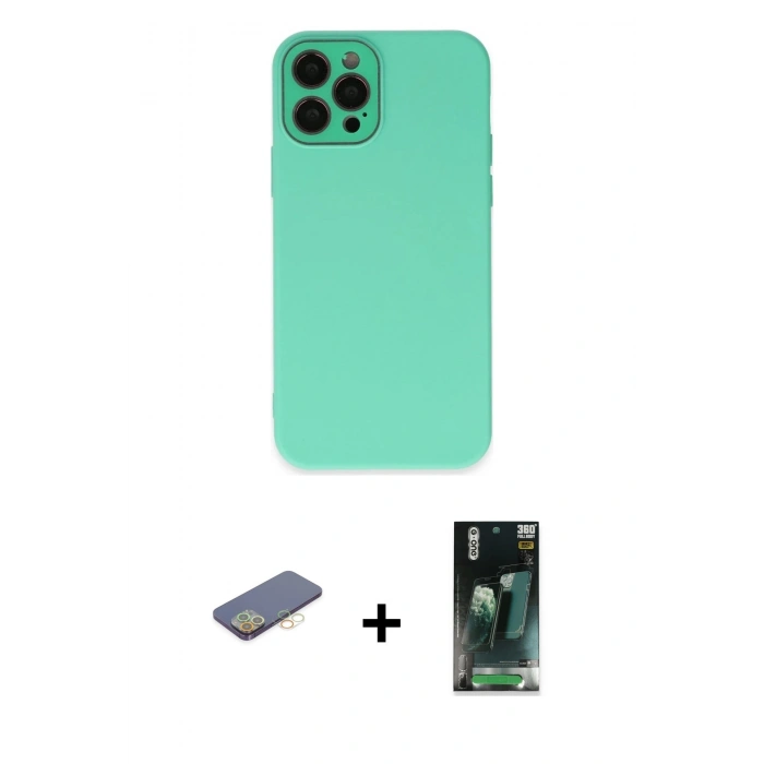 MARSİLYAN™- iPhone 12 Pro Kılıf Çekirdek Modern Serisi - Siyah 360 Mat Full Body Arka Koruyucu + Renkli Kamera Lens Koruma Cam - SI