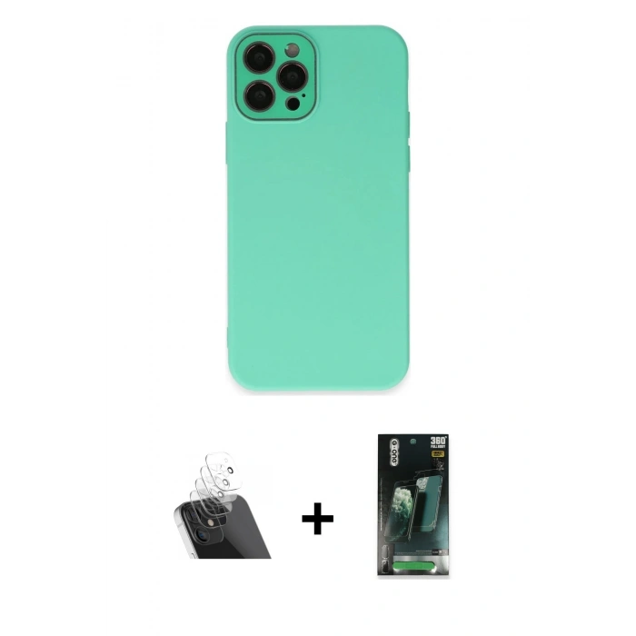 MARSİLYAN™- iPhone 12 Pro Kılıf Çekirdek Modern Serisi - Siyah 360 Mat Full Body Arka Koruyucu + Kamera Lens Koruma Cam - SF
