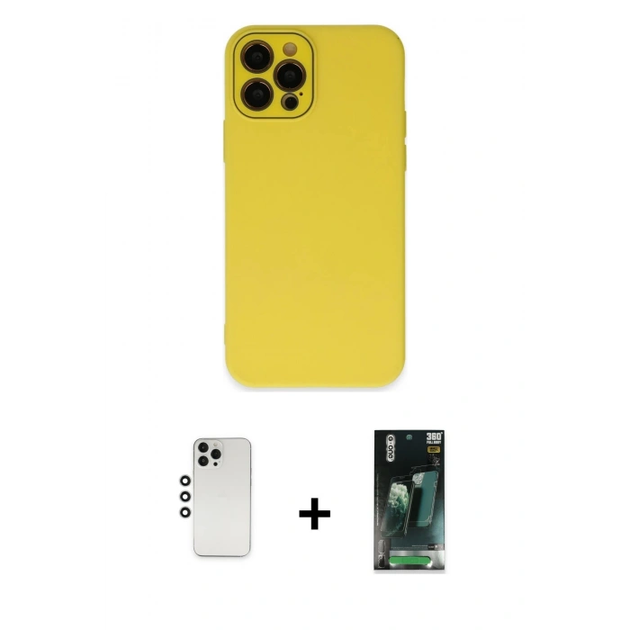 MARSİLYAN™- iPhone 12 Pro Kılıf Çekirdek Modern Serisi - Siyah 360 Mat Full Body Arka Koruyucu + Shine Kamera Lens - GS