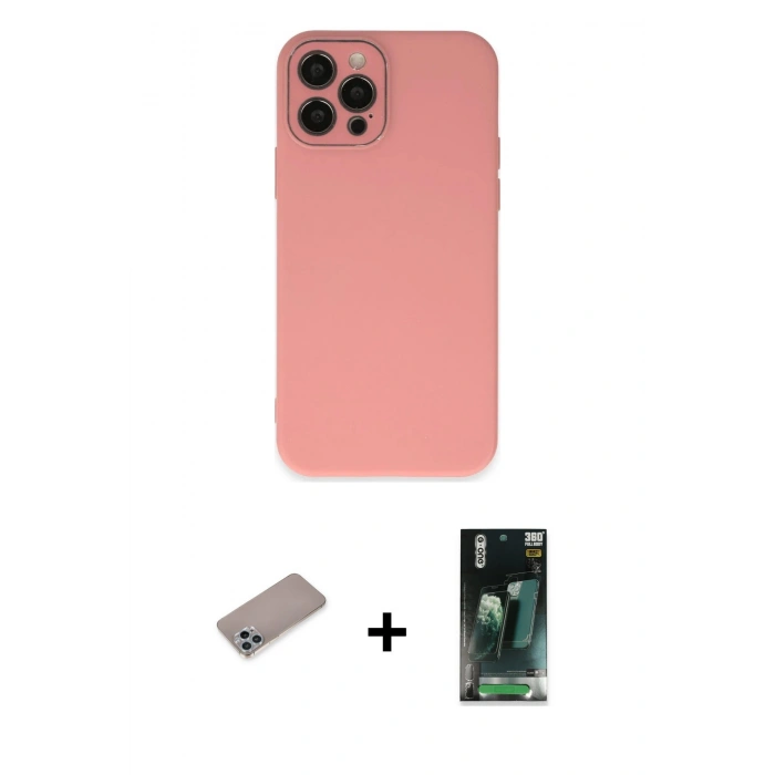 MARSİLYAN™- iPhone 12 Pro Kılıf Çekirdek Modern Serisi - Siyah 360 Mat Full Body Arka Koruyucu + Shine Kamera Lens Koruma Cam - SABE
