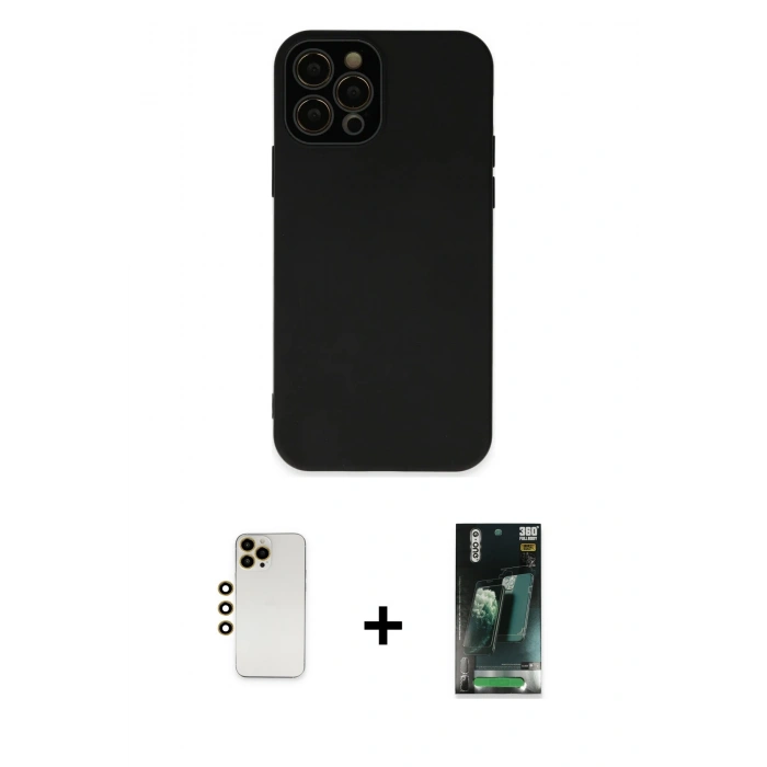 MARSİLYAN™- iPhone 12 Pro Kılıf Çekirdek Modern Serisi - Siyah 360 Mat Full Body Arka Koruyucu + Shine Kamera Lens - GD