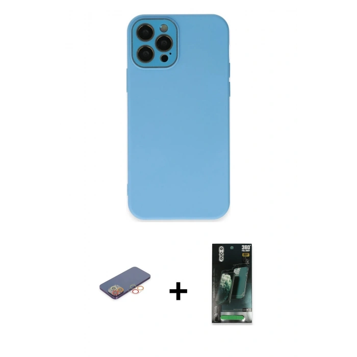 MARSİLYAN™- iPhone 12 Pro Kılıf Çekirdek Modern Serisi - Siyah 360 Mat Full Body Arka Koruyucu + Renkli Kamera Lens Koruma Cam - TU