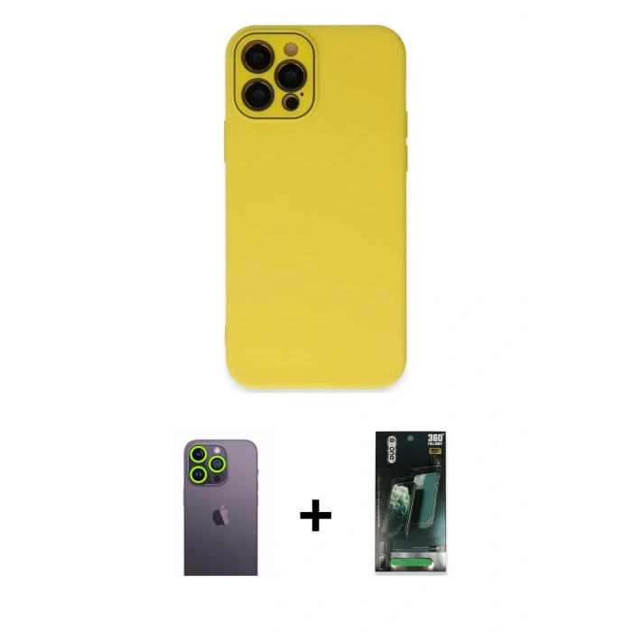 MARSİLYAN™- iPhone 12 Pro Kılıf Çekirdek Modern Serisi - Siyah 360 Mat Full Body Arka Koruyucu + Neon Fosforlu Kamera Lens - YL