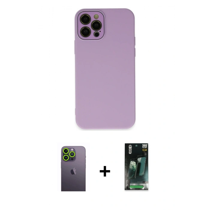 MARSİLYAN™- iPhone 12 Pro Kılıf Çekirdek Modern Serisi - Siyah 360 Mat Full Body Arka Koruyucu + Neon Fosforlu Kamera Lens - YL