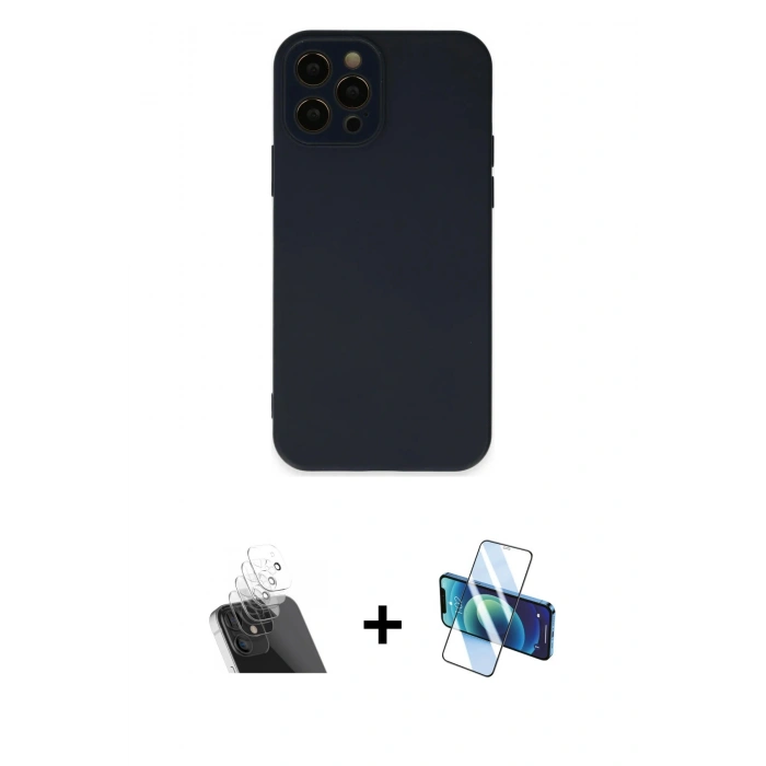 MARSİLYAN™- iPhone 12 Pro Kılıf Çekirdek Modern Serisi - Siyah 3D Antistatik Cam Ekran Koruyucu + Kamera Lens Koruma Cam - SF
