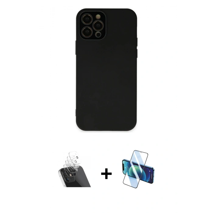 MARSİLYAN™- iPhone 12 Pro Kılıf Çekirdek Modern Serisi - Siyah 3D Antistatik Cam Ekran Koruyucu + Kamera Lens Koruma Cam - SF
