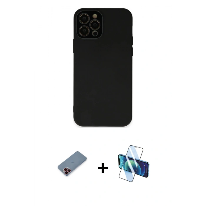MARSİLYAN™- iPhone 12 Pro Kılıf Çekirdek Modern Serisi - Siyah 3D Antistatik Cam Ekran Koruyucu + Metal Kamera Lens Koruma Cam - KI