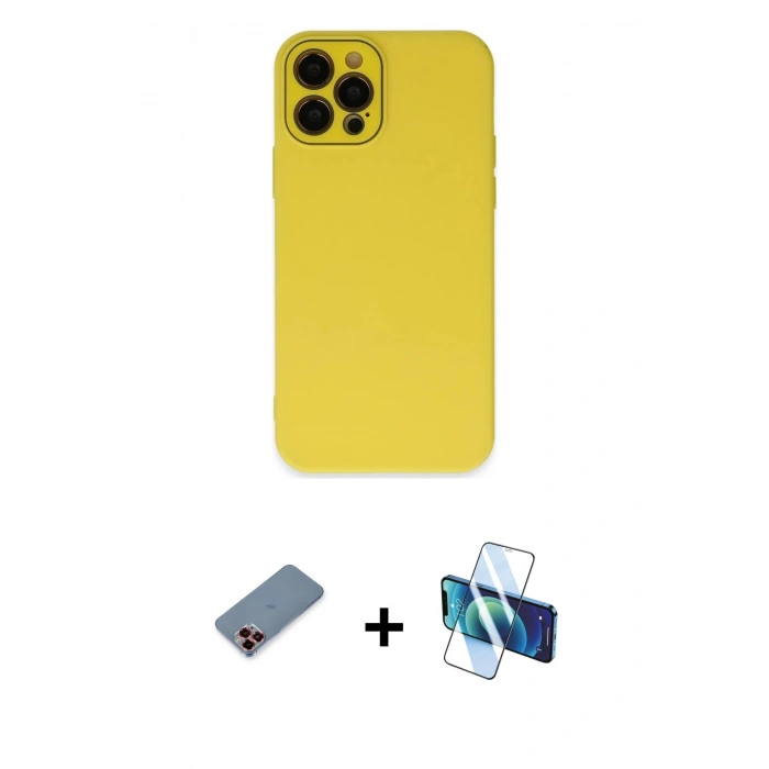 MARSİLYAN™- iPhone 12 Pro Kılıf Çekirdek Modern Serisi - Siyah 3D Antistatik Cam Ekran Koruyucu + Metal Kamera Lens Koruma Cam - KI