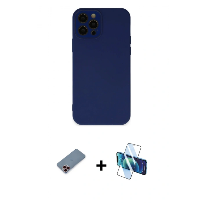 MARSİLYAN™- iPhone 12 Pro Kılıf Çekirdek Modern Serisi - Siyah 3D Antistatik Cam Ekran Koruyucu + Metal Kamera Lens Koruma Cam - KI