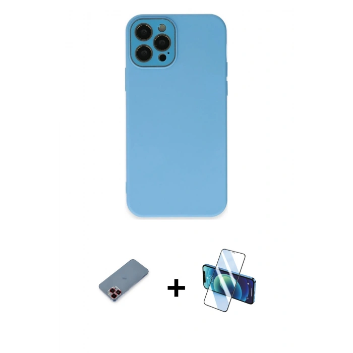 MARSİLYAN™- iPhone 12 Pro Kılıf Çekirdek Modern Serisi - Siyah 3D Antistatik Cam Ekran Koruyucu + Metal Kamera Lens Koruma Cam - KI