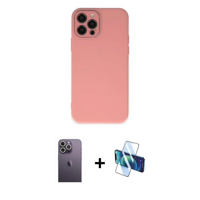 MARSİLYAN™- iPhone 12 Pro Kılıf Çekirdek Modern Serisi - Siyah 3D Antistatik Cam Ekran Koruyucu + Neon Fosforlu Kamera Lens - BZ
