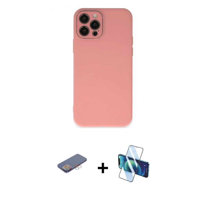 MARSİLYAN™- iPhone 12 Pro Kılıf Çekirdek Modern Serisi - Siyah 3D Antistatik Cam Ekran Koruyucu + Renkli Kamera Lens Koruma Cam - PE