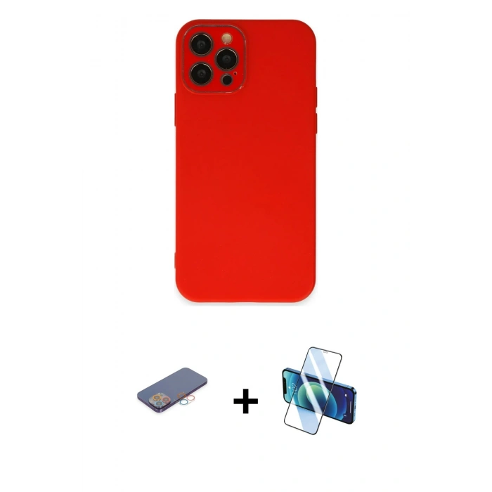 MARSİLYAN™- iPhone 12 Pro Kılıf Çekirdek Modern Serisi - Siyah 3D Antistatik Cam Ekran Koruyucu + Renkli Kamera Lens Koruma Cam - PE