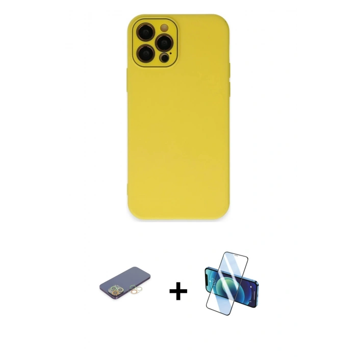 MARSİLYAN™- iPhone 12 Pro Kılıf Çekirdek Modern Serisi - Siyah 3D Antistatik Cam Ekran Koruyucu + Renkli Kamera Lens Koruma Cam - SI
